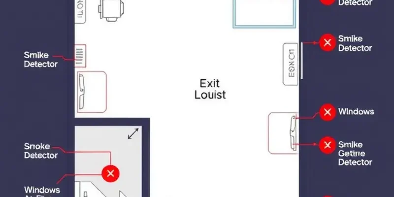 Interior of an apartment highlighting fire safety measures like extinguishers and detectors.