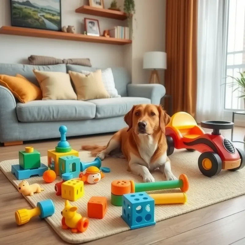 A cozy apartment filled with safe, non-toxic toys for toddlers shared with a pet.