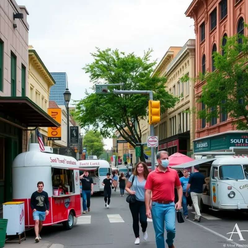 The lively atmosphere of South Congress with shops and eateries.