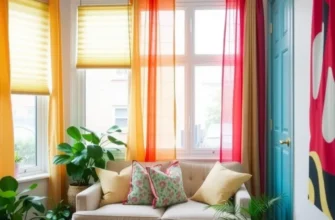 A charming rental window adorned with colorful and removable window coverings.