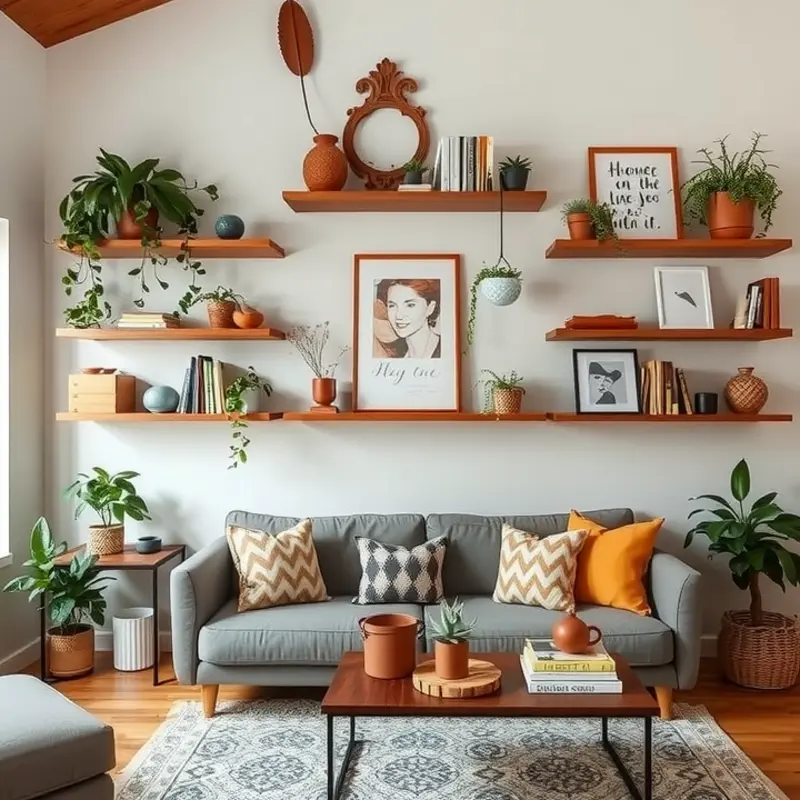 A stylish living room featuring renter-safe floating shelves filled with various decorative items.