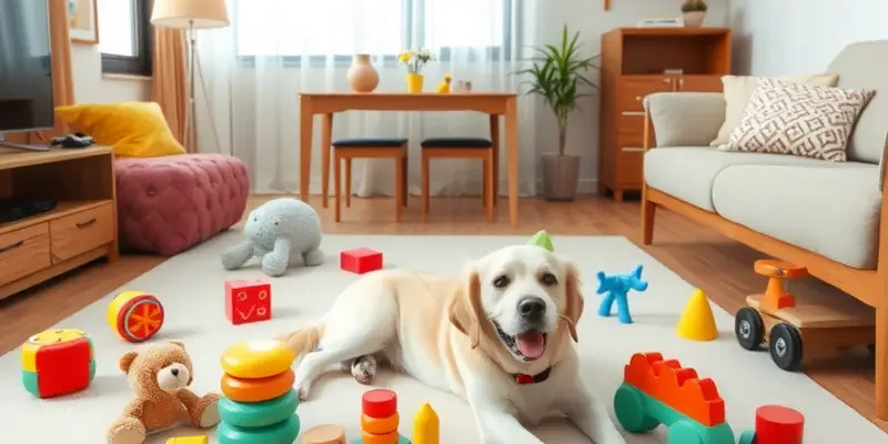 Toddler happily playing with toys while a friendly cat plays nearby in a warm apartment.