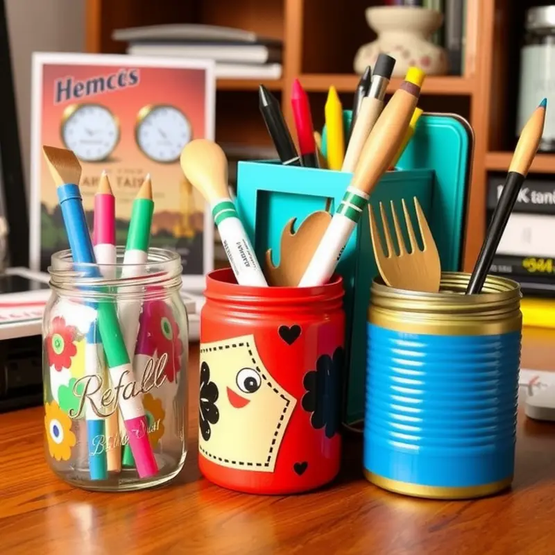 A vibrant assortment of upcycled desk organizers enhancing a quirky workspace.