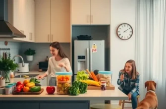 A lively family preparing meals happily in a vibrant apartment kitchen.