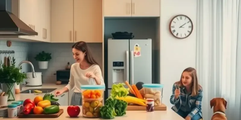 A lively family preparing meals happily in a vibrant apartment kitchen.