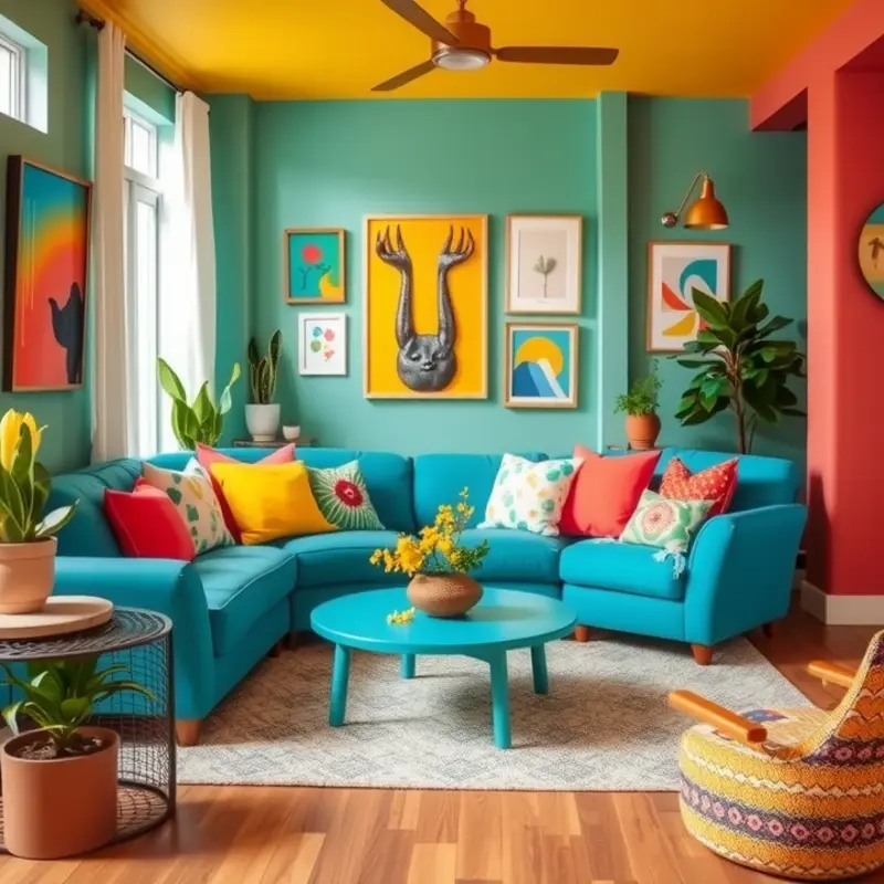 A vibrant living room showcasing colorful decor and accessories.
