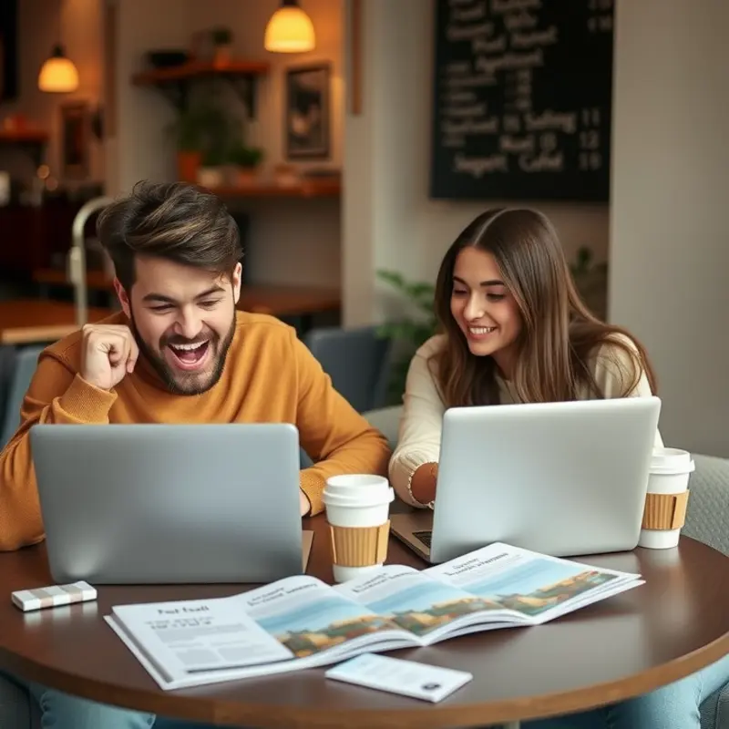 A couple prepares their apartment wish list at a cafe.