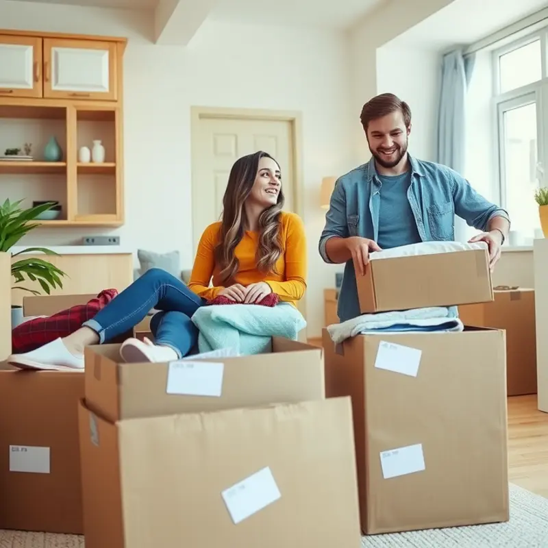 A couple joyfully packing for their moving adventure.