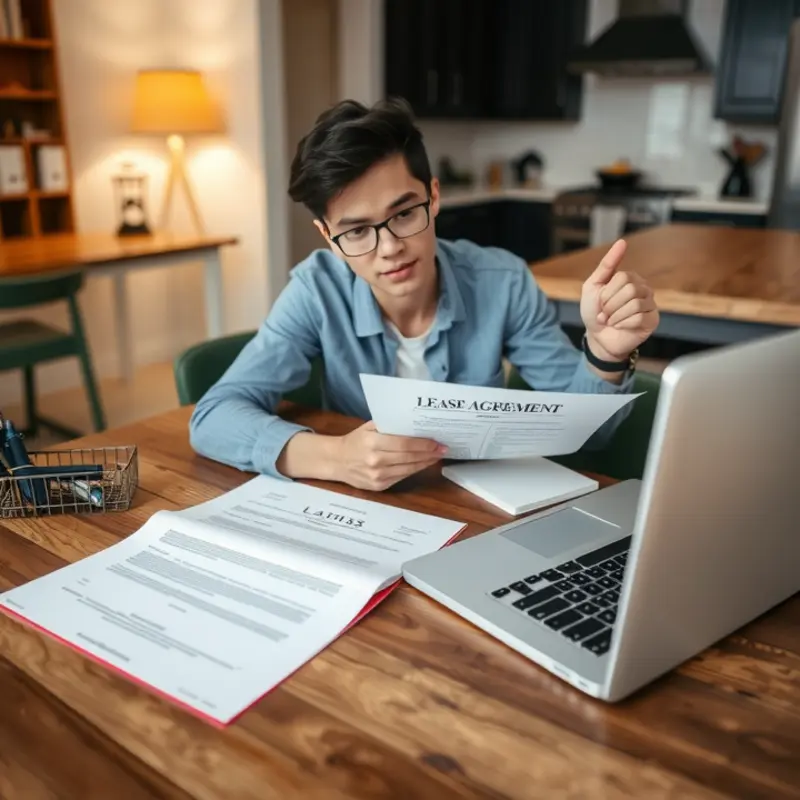 A young professional studying a lease agreement for better understanding of penalties.