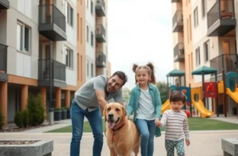 A family playing joyfully with their children and dog in a warm, inviting apartment