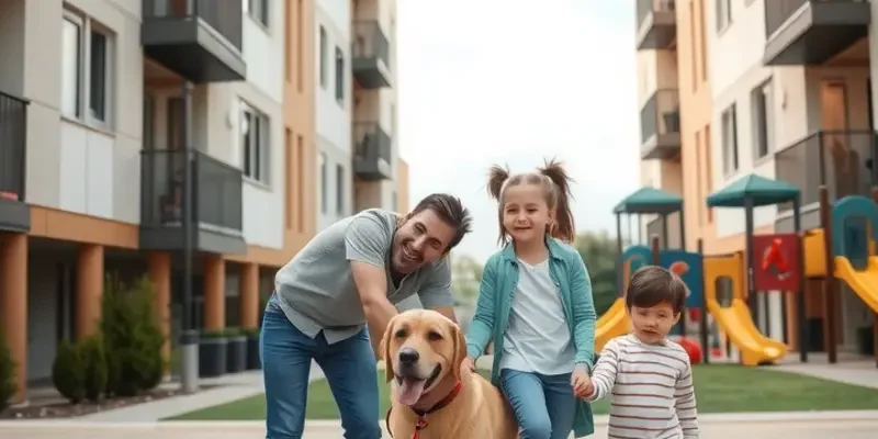 A family playing joyfully with their children and dog in a warm, inviting apartment