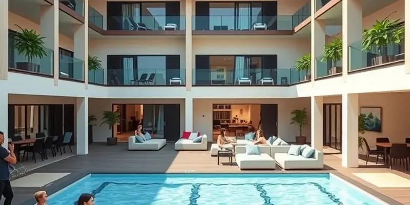 Group of young adults and families exploring various apartment amenities in a community setting