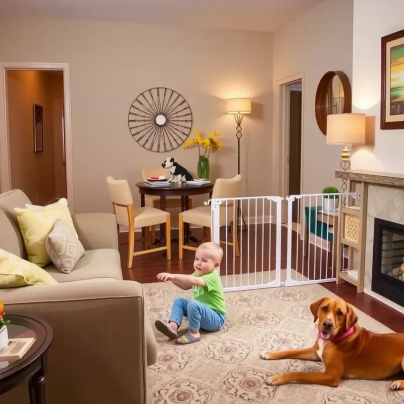 A safe and inviting apartment living room designed for both babies and pets.