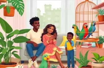 A happy family with their birds in a bright apartment setting