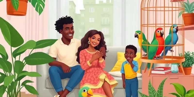 A happy family with their birds in a bright apartment setting