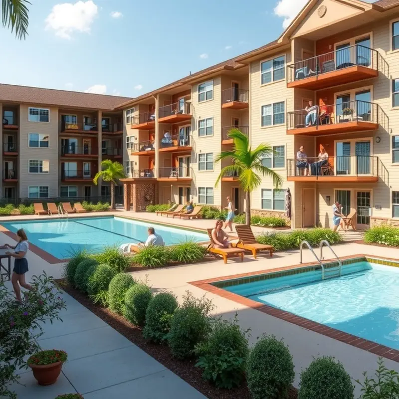 A bustling apartment complex featuring attractive amenities.