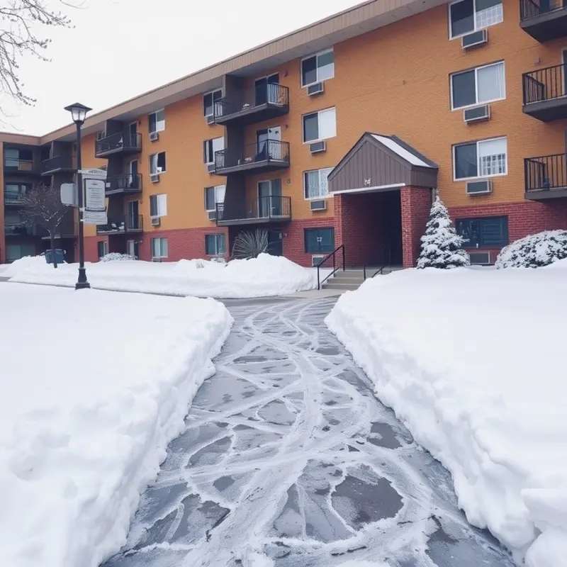 Icy pathways and steps surrounding an apartment building.