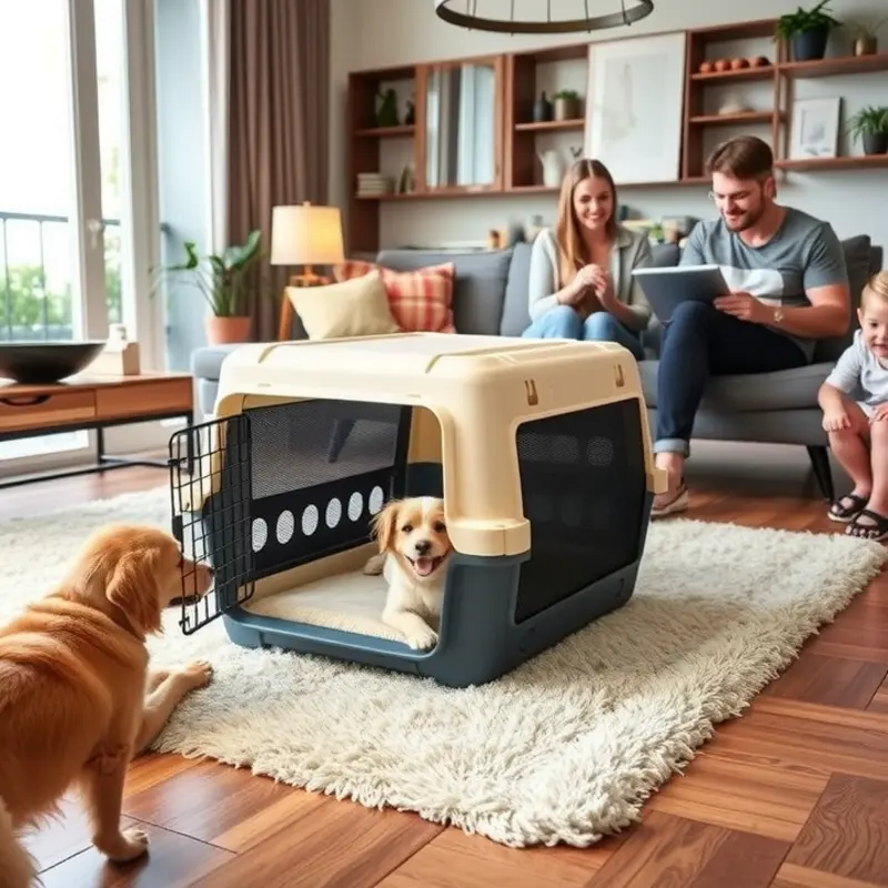A welcoming apartment space featuring a safe and comfortable pet carrier.