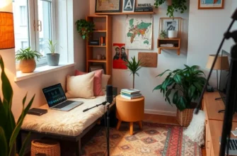 Cozy apartment scene featuring a creative podcast area with a microphone setup and comfortable seating.