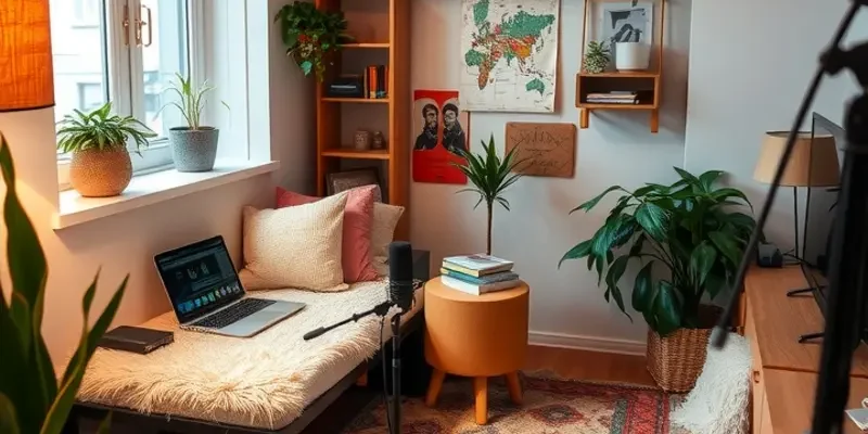 Cozy apartment scene featuring a creative podcast area with a microphone setup and comfortable seating.