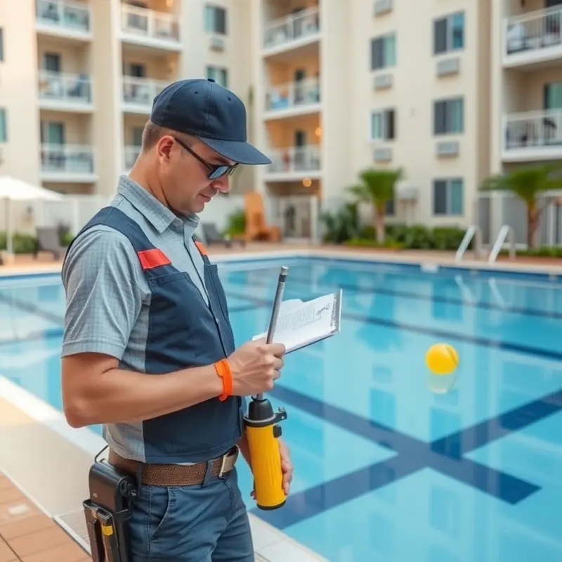 Safety signage in an apartment pool area, illustrating pool rules and guidelines.