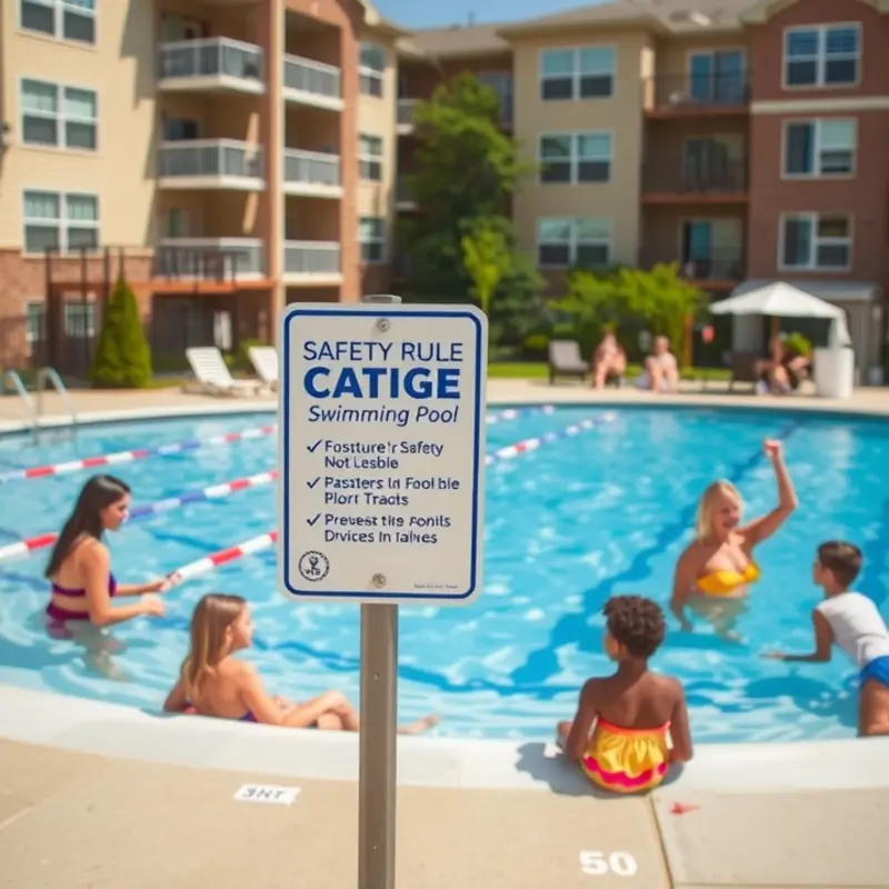 Safety signage in an apartment pool area, illustrating pool rules and guidelines.