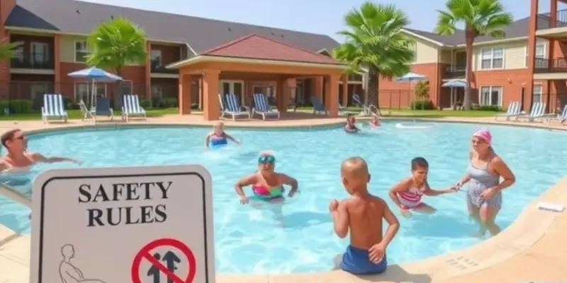 Serene apartment swimming pool at sunset reflecting vibrant colors.