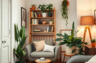 A cozy apartment space with comfortable seating, plants, and soft lighting designed for relaxation.