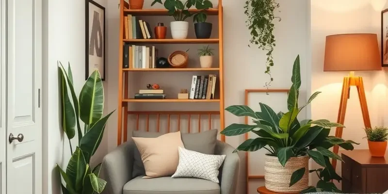 A cozy apartment space with comfortable seating, plants, and soft lighting designed for relaxation.
