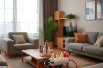 A peaceful apartment living space emphasizing safety and fire prevention tools.