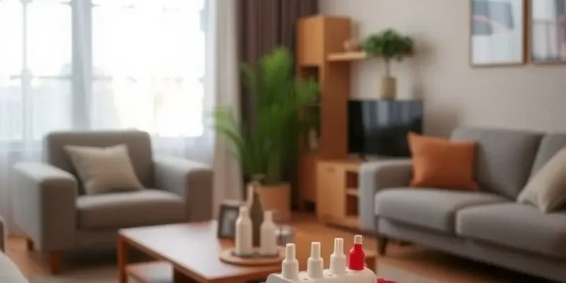 A peaceful apartment living space emphasizing safety and fire prevention tools.