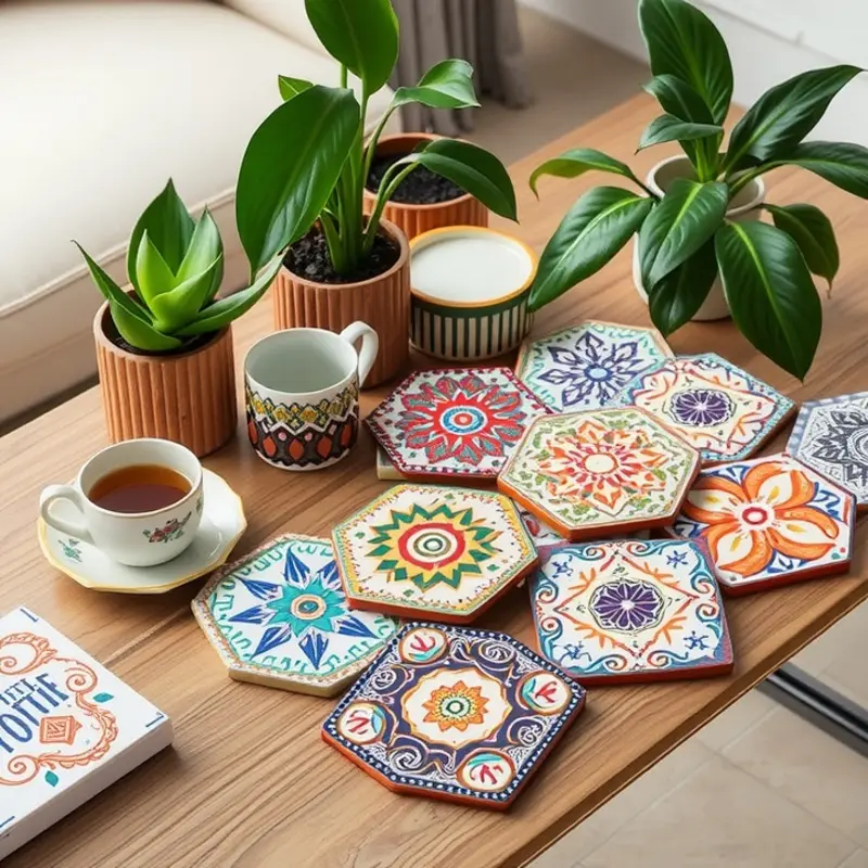 Handcrafted cork coasters showcasing vibrant, personalized designs.