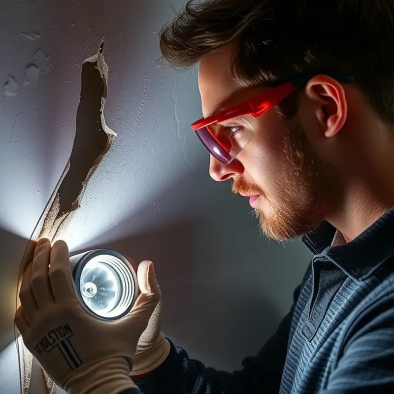 A renter carefully examining wall damage with a flashlight.