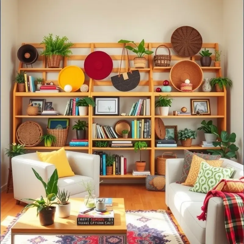 A vibrant basket wall in a living room, showcasing creative DIY storage solutions.