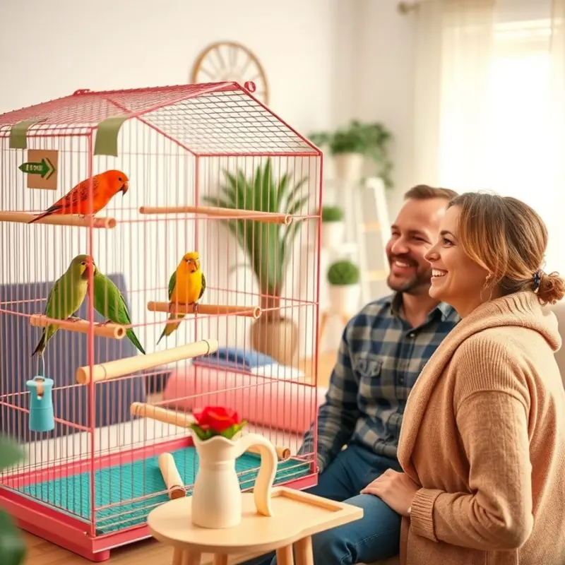 A family checks out their new pet-friendly apartment featuring a stylish birdcage.