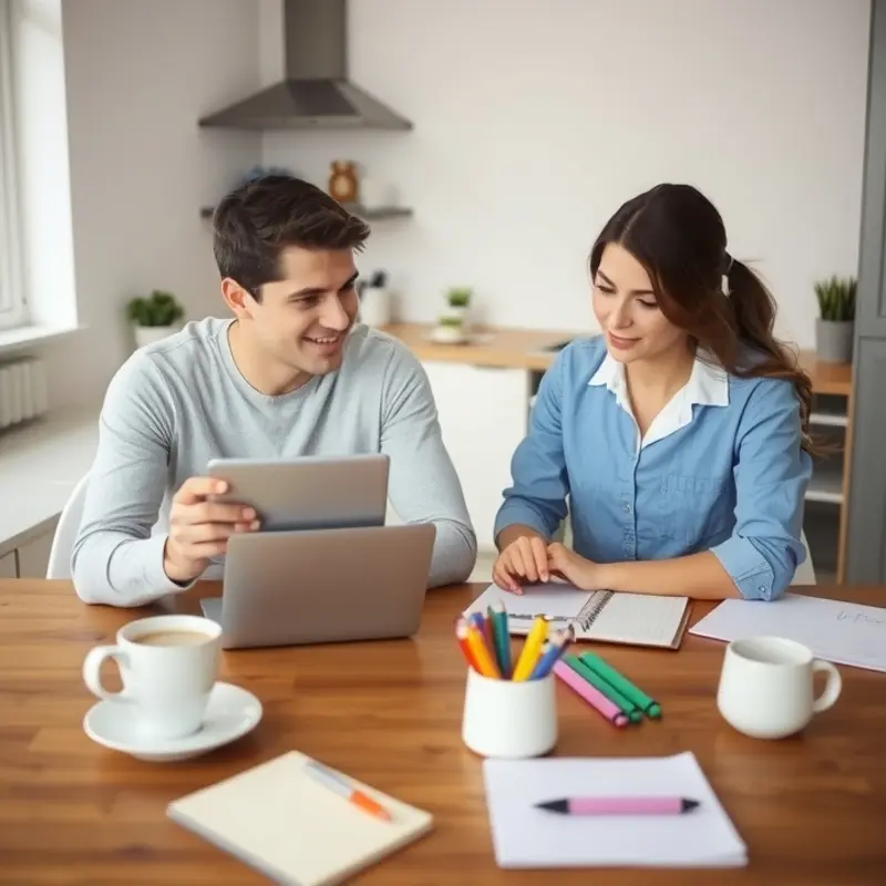 A couple enjoying budgeting together to manage their apartment expenses.