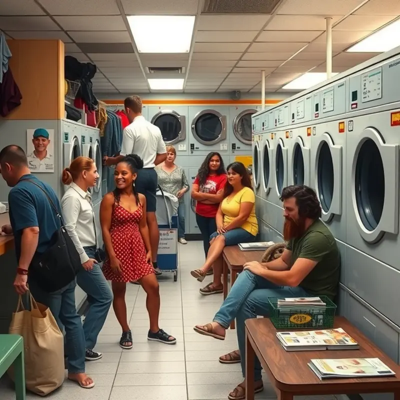 A lively laundromat with a variety of people waiting for their laundry.