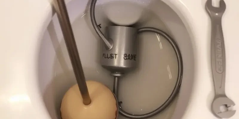 A clean bathroom featuring a sparkling toilet and tools positioned for maintenance.