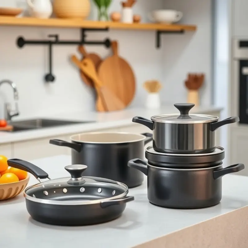 Showcasing compact, multi-functional cookware perfect for small apartment kitchens.