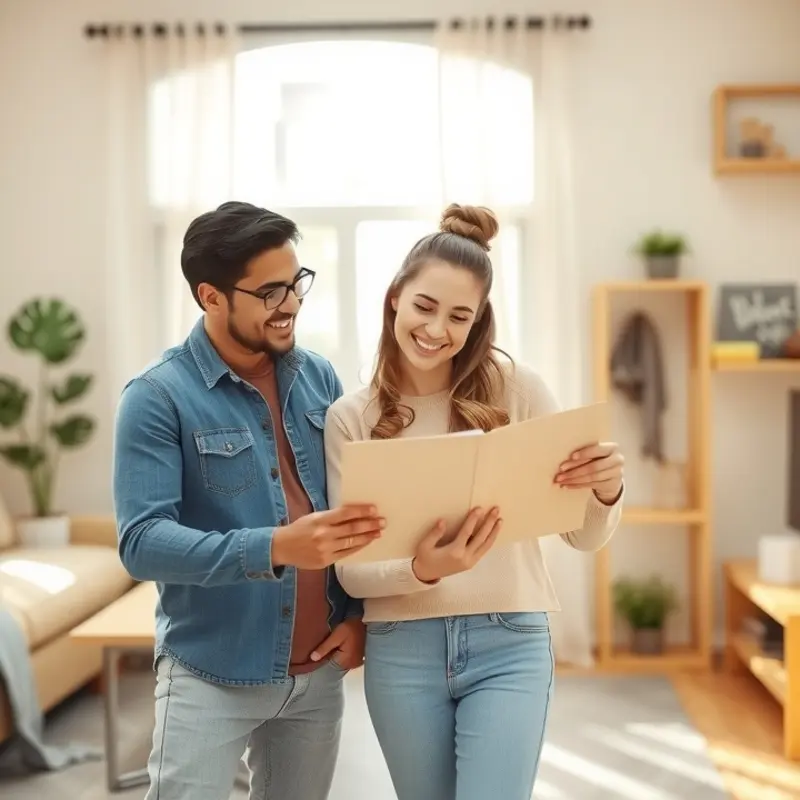 Young couple exploring an apartment, considering accessibility features.