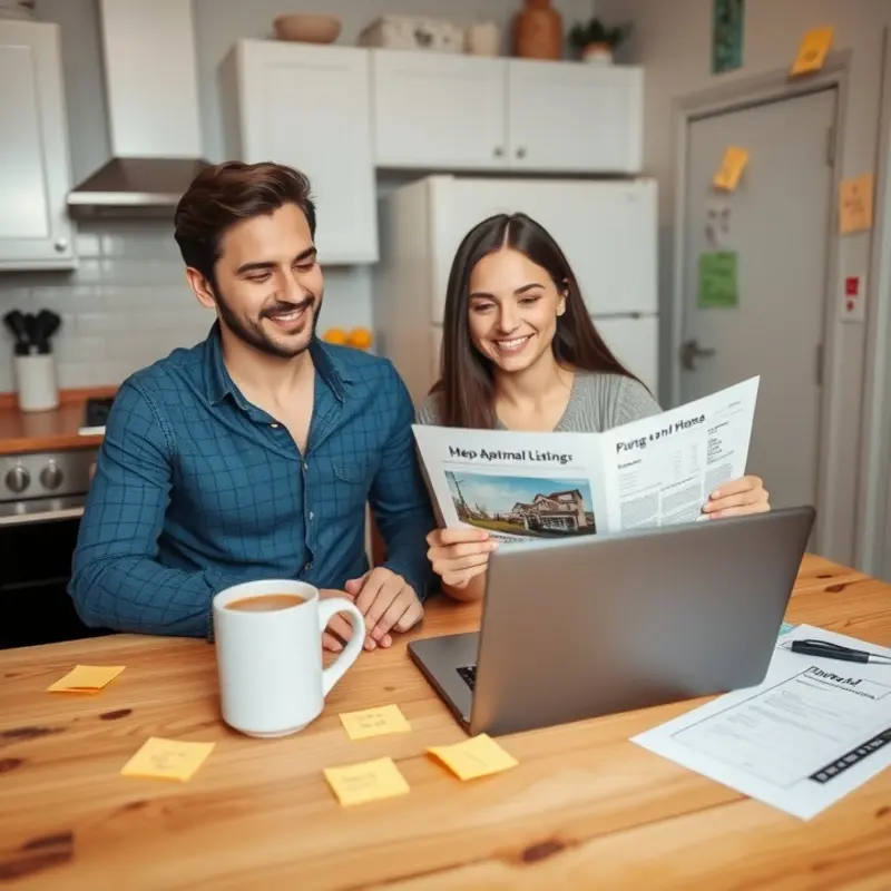 A couple strategizing their apartment search over coffee and laughter.