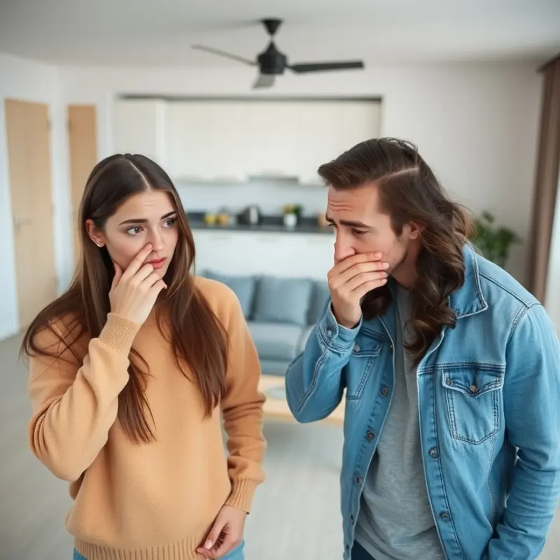 Young couple reacting to a strange odor during an apartment inspection.