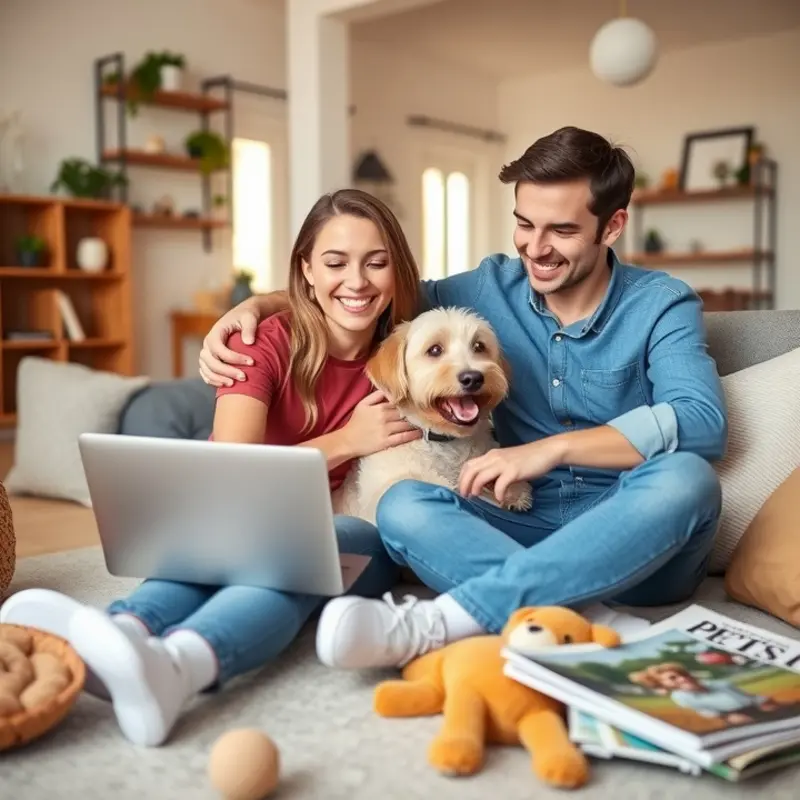A couple researches pet-friendly apartments, ensuring their furry friend gets the ideal space.
