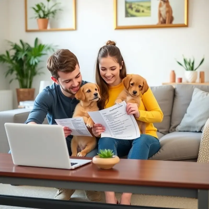 Young couple checking pet policies while searching for apartments.