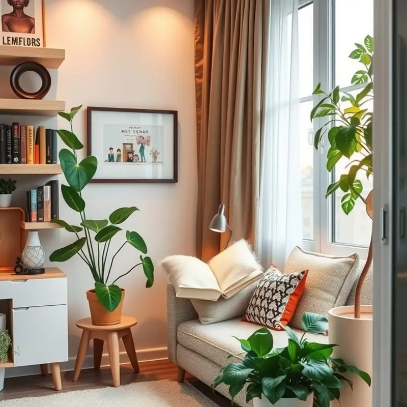 A cozy reading nook in an apartment designed for relaxation.