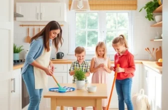 A cozy living room with children playing and parents relaxing, illustrating a tidy and inviting home atmosphere.