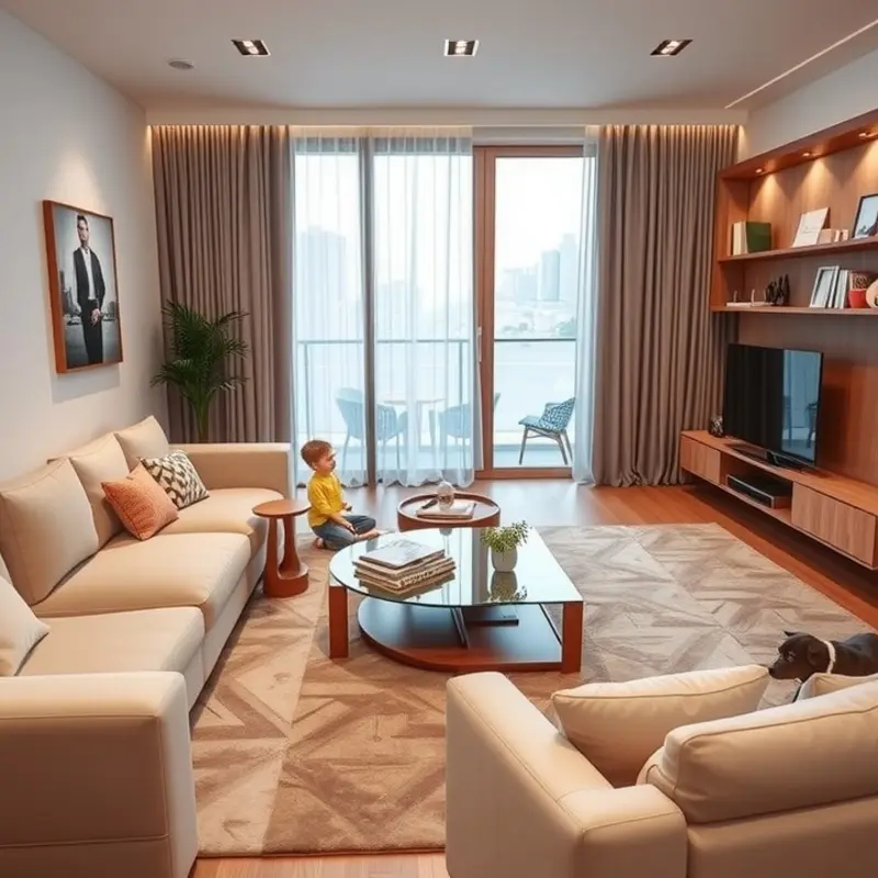 A modern living room featuring multifunctional furniture perfect for families.