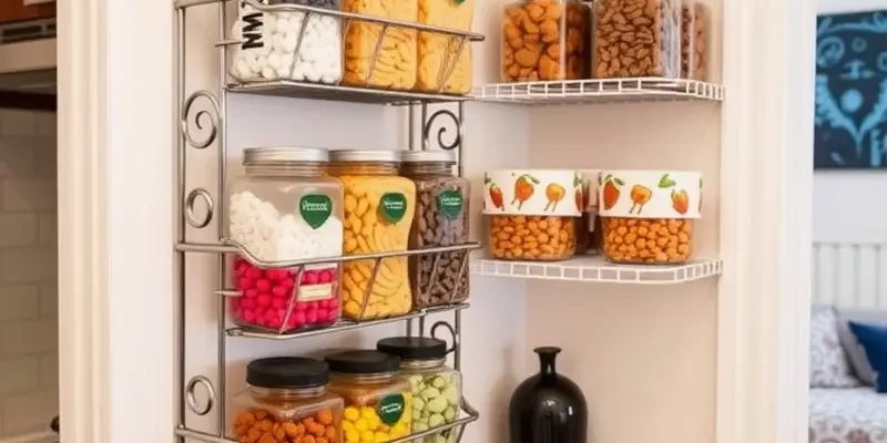 A cheerful living room featuring a stylish snack station with various organized snacks in clear jars.