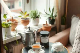 A cozy tea corner with a teacup, teapot, and plush pillows for a relaxing atmosphere