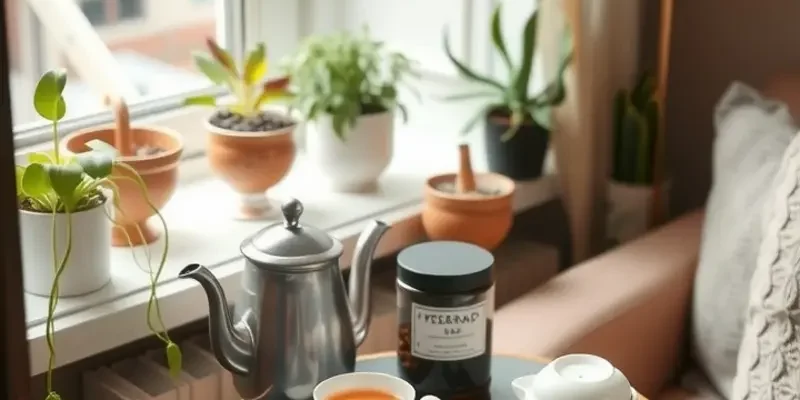 A cozy tea corner with a teacup, teapot, and plush pillows for a relaxing atmosphere